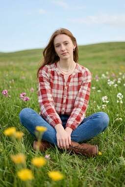 Mason & Belle Red and White Plaid Button-Front Peasant Blouse